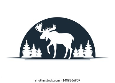 Moose wild animal black silhouette isolated in nature with trees scenery vector illustration graphic design