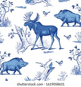 

Moose, wild boar, oak, bird, old pine and various herbs. Vector vintage seamless pattern.  Forest animals in its habitat. Hand drawn design in blue tones.