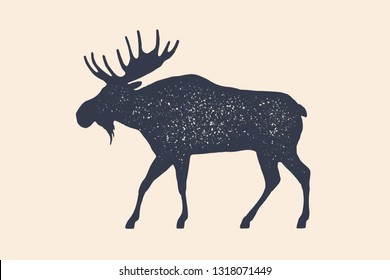 Moose  wild deer  Concept design farm animals    Moose side view profile  Isolated black silhouette moose wild deer white background  Vintage retro print  poster  icon  Vector Illustration