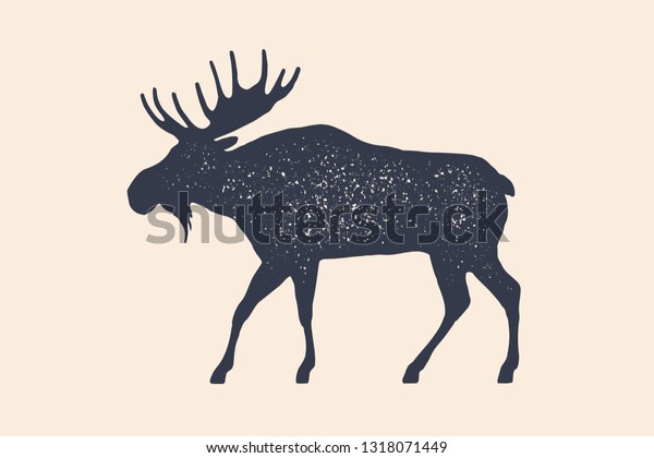 Moose, wild deer. Concept design of farm\
animals - Moose side view profile. Isolated black silhouette moose\
or wild deer on white background. Vintage retro print, poster,\
icon. Vector\
Illustration