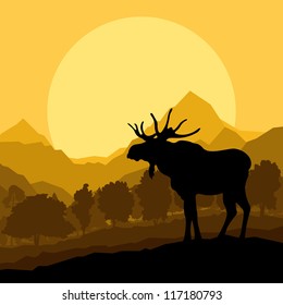 Moose in wild nature landscape background illustration vector