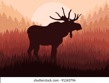 Moose in wild nature landscape background illustration vector