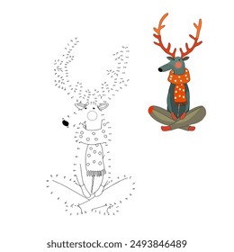 Moose in yoga pose. Christmas Educational game for children. Dot-to-dot game for children. A number game, dot-to-dot educational game and coloring book for kids. Parenting. Cartoon
