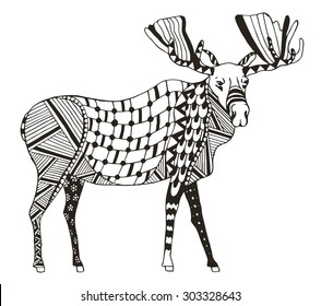 Moose zentangle stylized, vector, illustration, freehand pencil