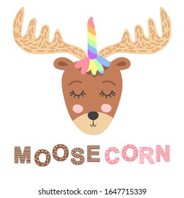 moosecorn. Scandinavian-style moose head with unicorn horn, kids print, poster, design
