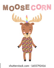 moosecorn. Scandinavian-style moose head with unicorn horn, kids print, poster, design