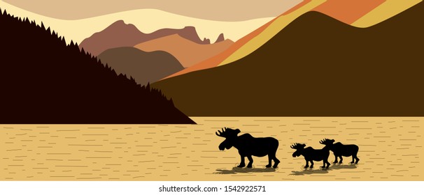 Mooses silhouettes standing in river water. Silhouette of mountains sunset Light. colorful vector illustration 