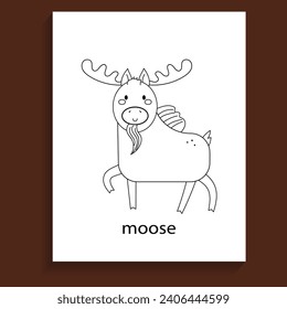 moose,ungulate herbivores animals cartoon flat line for coloring page