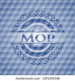 Mop blue badge with geometric pattern background. Vector Illustration. Detailed.