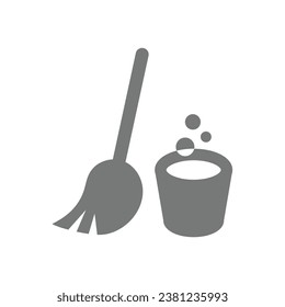 Mop or broom and bucket vector icon. Cleaning and housekeeping symbol.