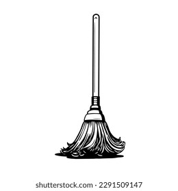 Mop, broom, cleaning, floor, simple line art icon. Cleaning service instrument vector. Logo. Outline silhouette. Contour drawn illustration Isolated on white background. 