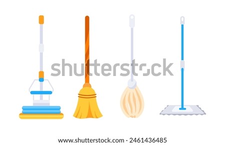 Mop and broom for cleaning. Home hygiene. Household mop and housework broom tools.