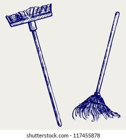 Mop and broom. Doodle style