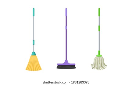 Mop and Broom with Long Pole for Cleaning and Sweeping Floors Vector Set