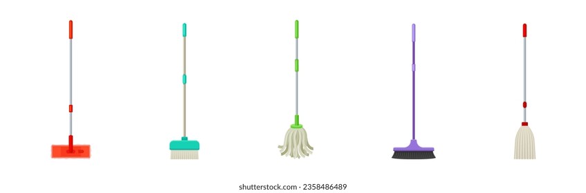 Mop and Broom with Long Pole for Cleaning and Sweeping Floors Vector Set