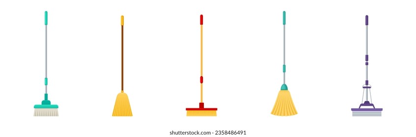 Mop and Broom with Long Pole for Cleaning and Sweeping Floors Vector Set