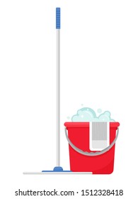 Mop with a bucket for cleaning. Bucket of detergent. Vector isolate on a white background.