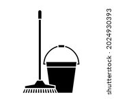 Mop and bucket, cleaning icons. Washing housekeeping equipment sign. Cleaning mop with bucket in glyph style. Vector