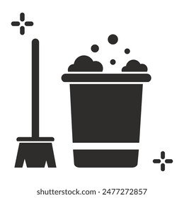 mop and bucket, cleaning icons, washing housekeeping equipment sign, flat vector illustration on a white background