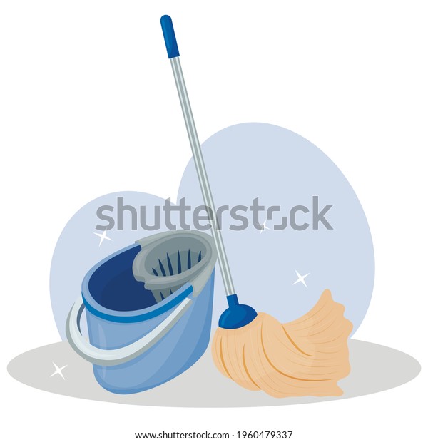 Mop and bucket for\
cleaning and mopping the floor. Vector illustration isolated on a\
white background.