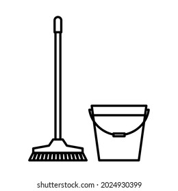 Mop and bucket, cleaning outline icons. Washing housekeeping equipment sign. Linear style sign suitable for web, infographics, interface and apps. Vector