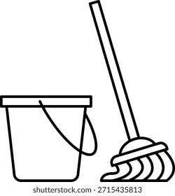 Mop and bucket cleaning tools line art icon