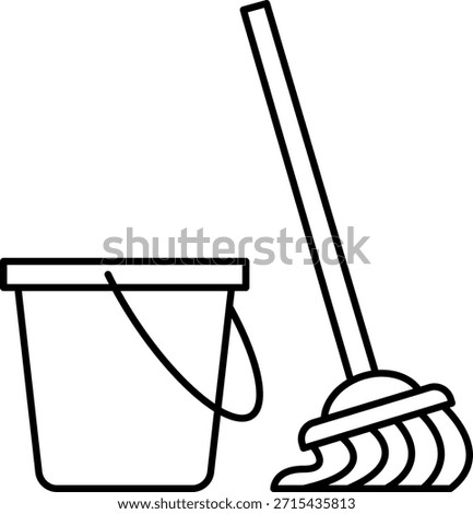 Mop and bucket cleaning tools line art icon