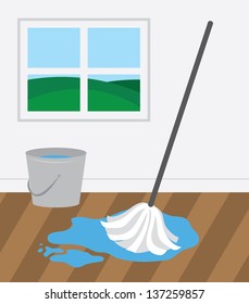 Mop and bucket cleaning wooden floor 