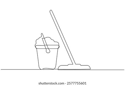 Mop and bucket continuous line art drawing. Cleaning service concept, Cleaning tools one line colored continuous drawing. Floor mop, plunger, plastic basin, squeegee cleaning glass.