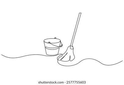 Mop and bucket continuous line art drawing. Cleaning service concept, Cleaning tools one line colored continuous drawing. Floor mop, plunger, plastic basin, squeegee cleaning glass.