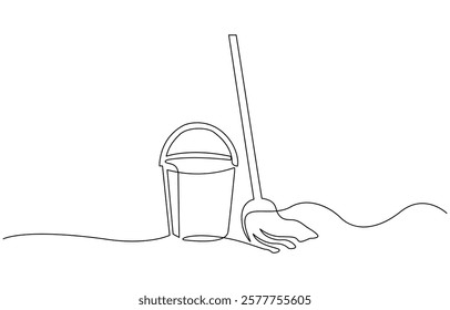 Mop and bucket continuous line art drawing. Cleaning service concept, Cleaning tools one line colored continuous drawing. Floor mop, plunger, plastic basin, squeegee cleaning glass.