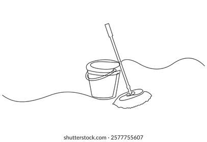 Mop and bucket continuous line art drawing. Cleaning service concept, Cleaning tools one line colored continuous drawing. Floor mop, plunger, plastic basin, squeegee cleaning glass.