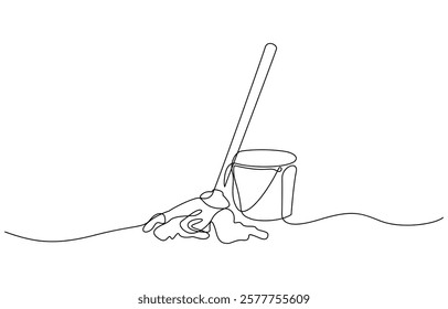 Mop and bucket continuous line art drawing. Cleaning service concept, Cleaning tools one line colored continuous drawing. Floor mop, plunger, plastic basin, squeegee cleaning glass.