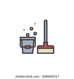 Mop and bucket filled outline icon, line vector sign, linear colorful pictogram isolated on white. Cleaning mop symbol, logo illustration. Pixel perfect vector graphics