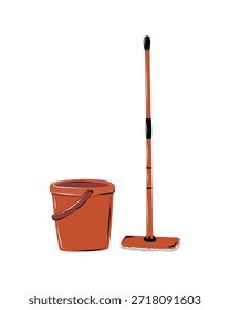 Fregona con cubo para la limpieza del suelo. Ilustración aislada de Vector en blanco, perfecta para servicios de limpieza, conceptos de limpieza, anuncios de cuidado del hogar y diseño de limpieza.