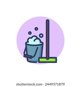 Mop and bucket with foam line icon. Janitor supplies, washing floor outline sign. Household, cleanup, domestic work concept. Vector illustration for web design and apps