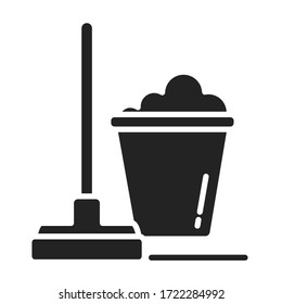 Mop and bucket glyph black icon. Clean the floor. Cleaning service. Pictogram for web page, mobile app, promo.