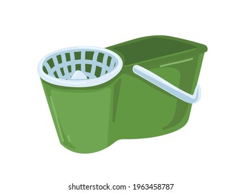 Mop bucket with handle, wringer, or water remover. Plastic domestic appliance for wet cleaning. Colored flat vector illustration of household supply isolated on white background