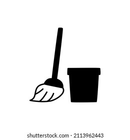 Mop and bucket icon in black flat glyph, filled style isolated on white background