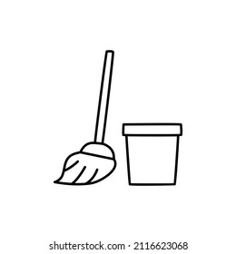 Mop and bucket icon in black line style icon, style isolated on white background