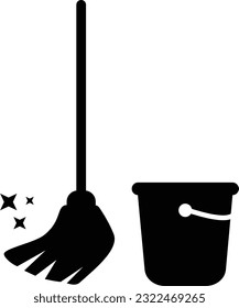 Mop and Bucket Icon. Mop-Reinigungszeichen. Fußbodenmop-Symbol. Bodenreinigungsobjekt. Flachstil.