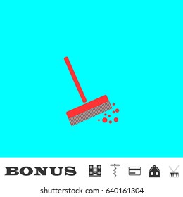 Mop bucket icon flat. Red pictogram on blue background. Vector illustration symbol and bonus buttons Music center, corkscrew, credit card, house, drum