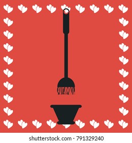 Mop and bucket icon flat. Simple black pictogram on red background with white hearts for valentines day. Vector illustration symbol