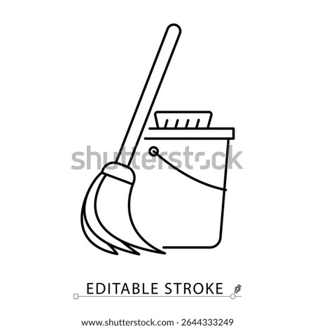 Mop and bucket icon in minimal linear style with editable stroke. Symbol of cleaning, hygiene, housekeeping tools and janitorial supplies. Domestic chores and sanitation concept.