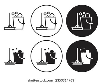 Juego de iconos de bucle y cubo. símbolo vector de herramienta de limpieza de escobas en color negro.
