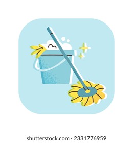 Mop and bucket icon. Vector illustration of cleaning tools. Housework concept in flat hand drawn style.