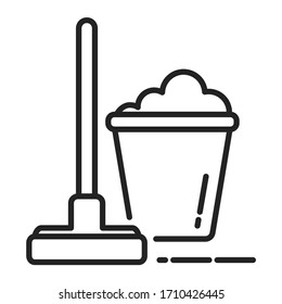 Mop and bucket line black icon. Clean the floor. Cleaning service. Outline pictogram for web page, mobile app, promo.