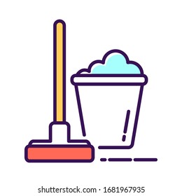 Mop and bucket line color icon. Clean the floor. Cleaning service. Outline pictogram for web page, mobile app, promo.