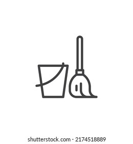 Mop and bucket line icon. linear style sign for mobile concept and web design. Bucket and broom outline vector icon. Symbol, logo illustration. Vector graphics