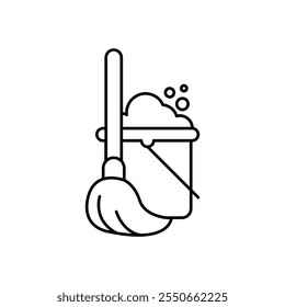 Mop and bucket line icon. linear style sign for mobile concept and web design. Cleaning bucket with mop outline vector icon. Symbol, logo illustration. Vector graphics